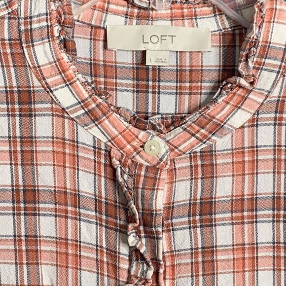 Loft Button Up Shirt Women L Ruffle Buttons & Hi Neck Orange Plaid Long Sleeve - Picture 3 of 16